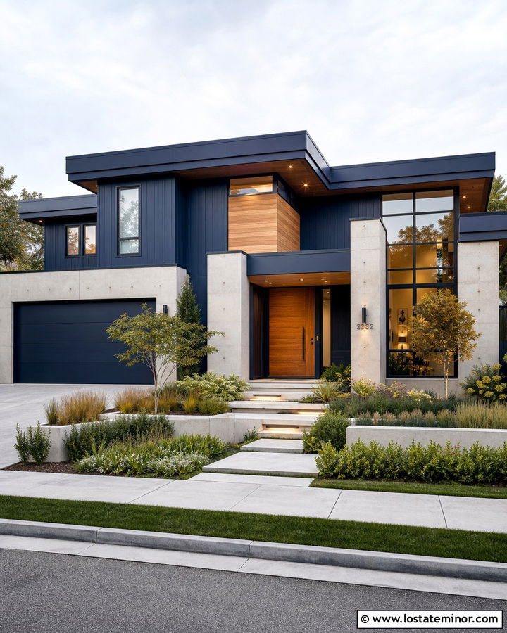 Navy Blue Contemporary House With Cedar Panels And Concrete - 30 Navy Blue House Design With Accents Ideas