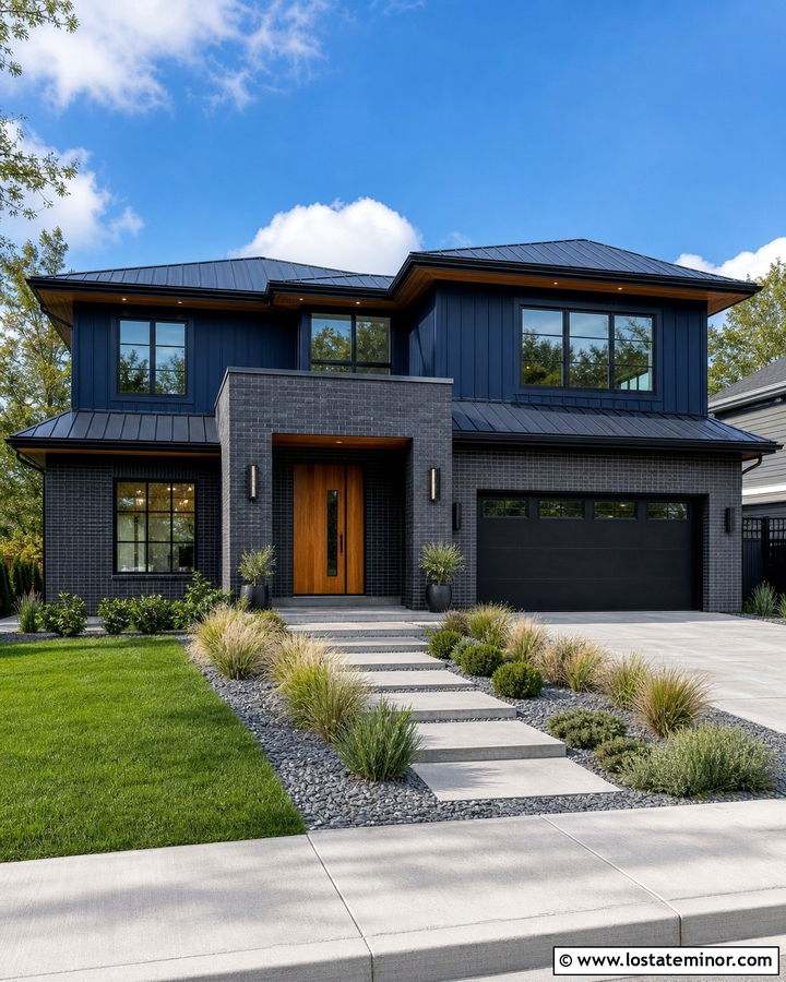 Navy Blue Contemporary House With Charcoal Brick - 30 Navy Blue House Design With Brick Accents Ideas