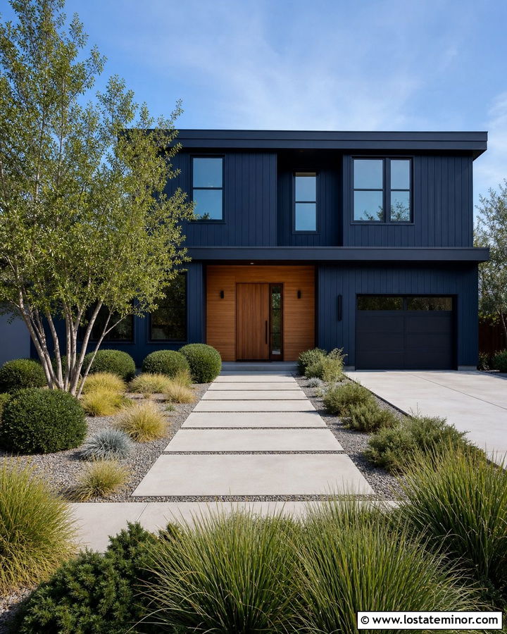 Navy Blue Contemporary House With Concrete Paver Yard - 30 Navy Blue House Design With Front Yard Ideas
