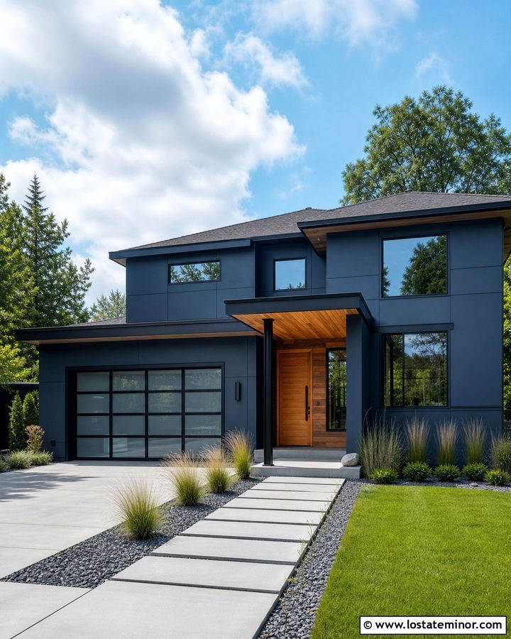 Navy Blue Contemporary House With Flat Portico - 30 Navy Blue House Design With Portico Ideas