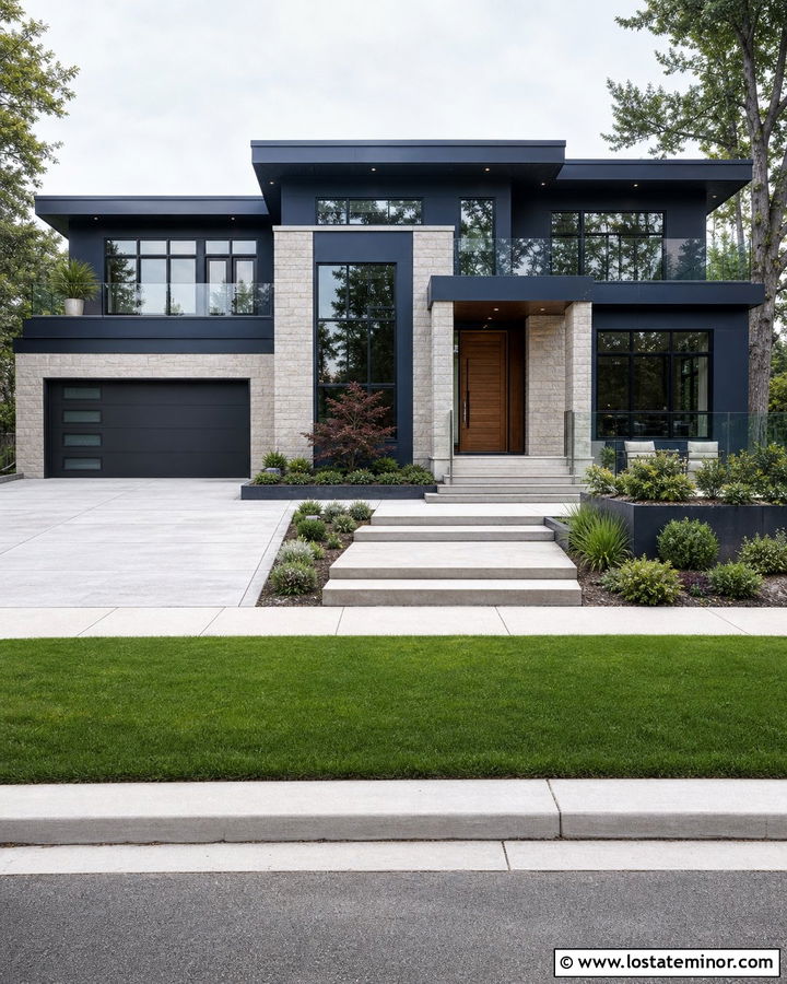 Navy Blue Contemporary House With Glass Railings - 30 Navy Blue House Design With Railings Ideas