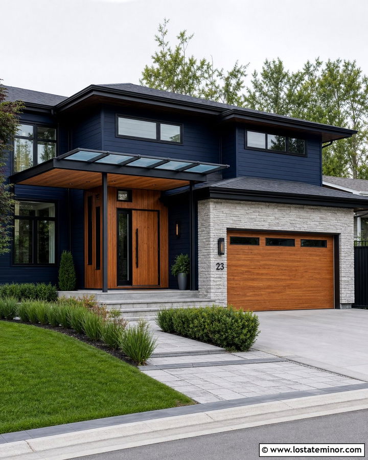 Navy Blue Contemporary House With Mixed Material Awning - 30 Navy Blue House Design With Awning Ideas