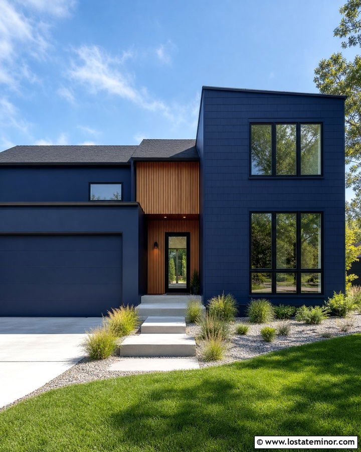 Navy Blue Contemporary House With Shingle Panels - 30 Navy Blue House Design With Shingles Ideas