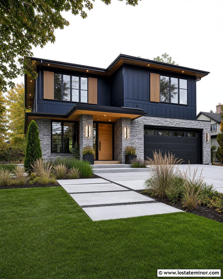 Navy Blue Contemporary House With Wood Slat Shutters - 30 Navy Blue House Design With Shutters Ideas