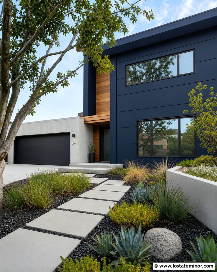 Navy Blue Contemporary House With Xeriscaping - 30 Navy Blue House Design With Landscaping Ideas