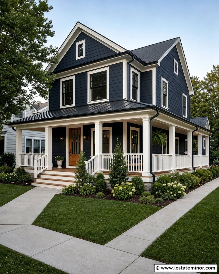 Navy Blue Corner House With Wraparound Awning - 30 Navy Blue House Design With Awning Ideas