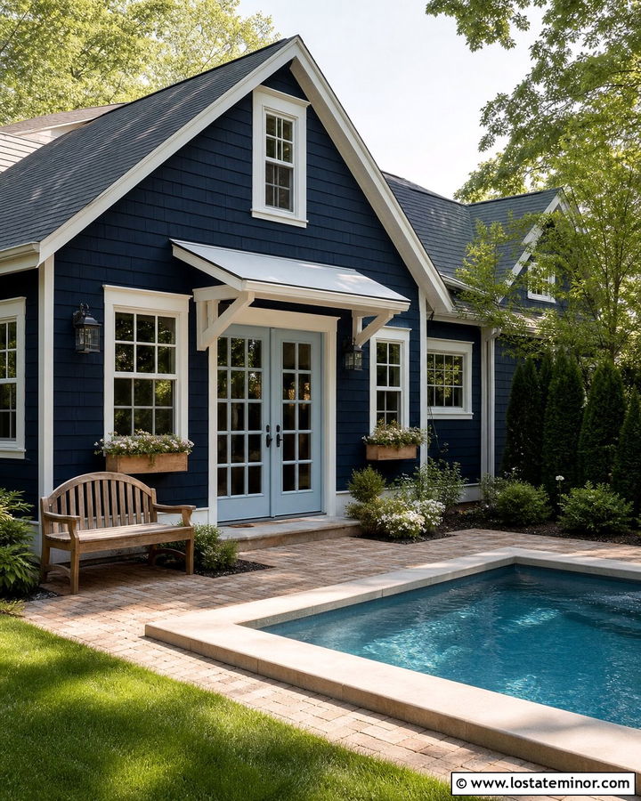 Navy Blue Cottage House With Plunge Pool - 30 Navy Blue House Design With Swimming Pool Ideas