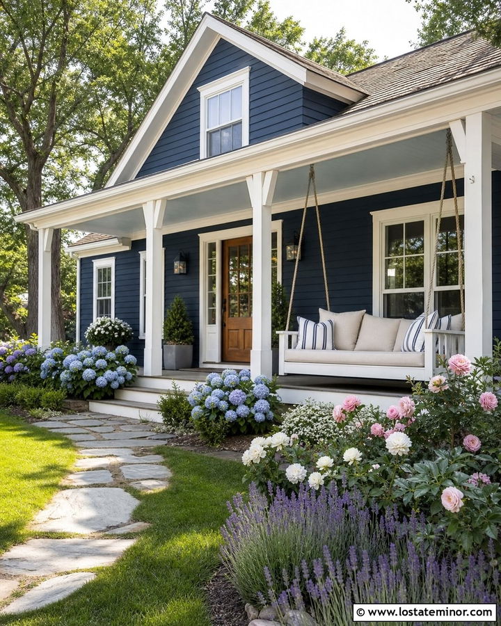 Navy Blue Cottage With Bed Swing - 30 Navy Blue House Design With Swing Ideas