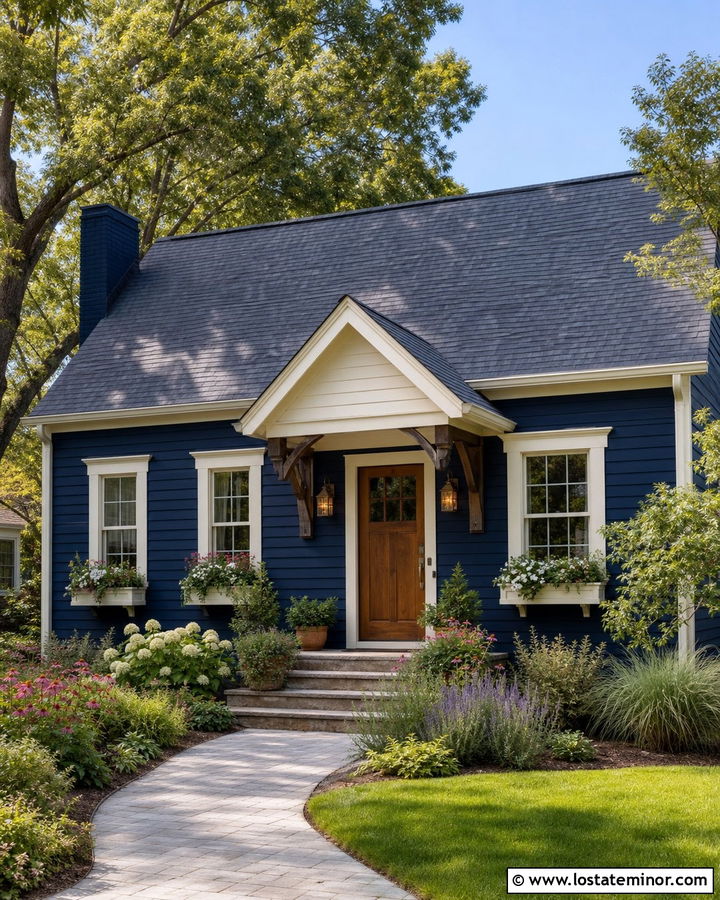 Navy Blue Cottage With Bracketed Portico - 30 Navy Blue House Design With Portico Ideas