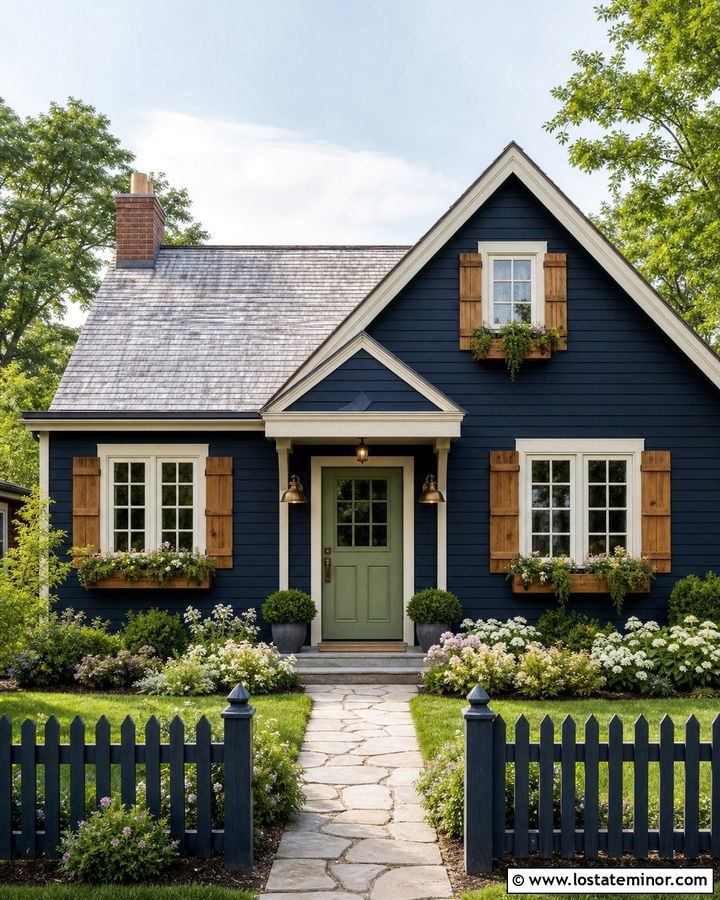 Navy Blue Cottage With Brass Dome Lights - 30 Navy Blue House Design With Light Fixtures Ideas
