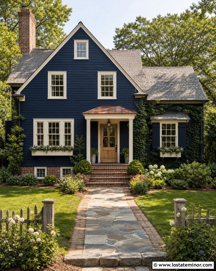 Navy Blue Cottage With Brick Foundation - 30 Navy Blue House Design With Brick Accents Ideas