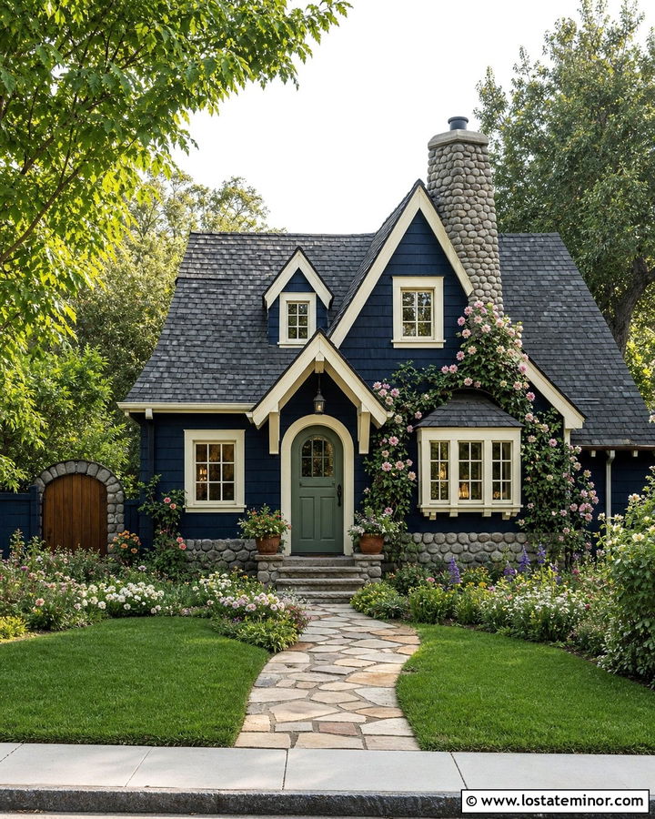 Navy Blue Cottage With Cobblestone Chimney - 30 Navy Blue House Design With Chimney Ideas