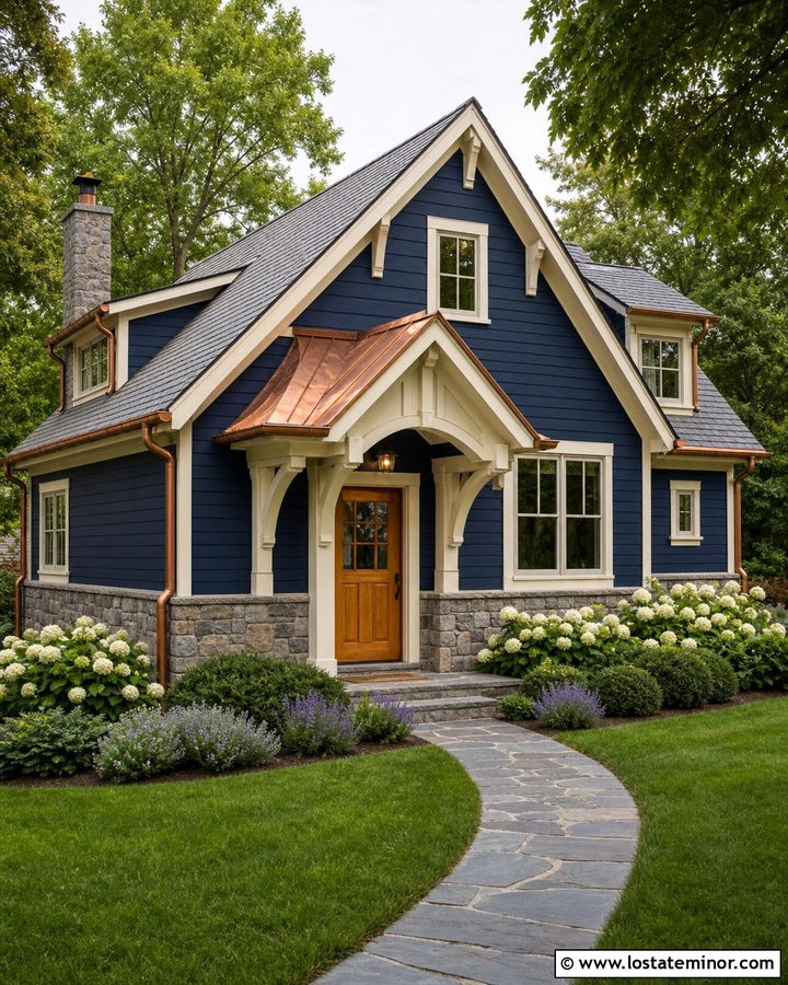 Navy Blue Cottage With Copper Portico - 30 Navy Blue House Design With Portico Ideas