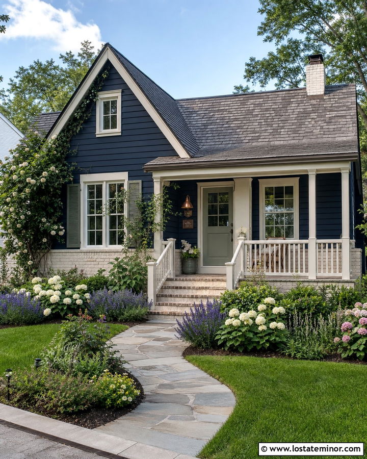 Navy Blue Cottage With Cream Brick Wainscoting - 30 Navy Blue House Design With Wainscoting Ideas