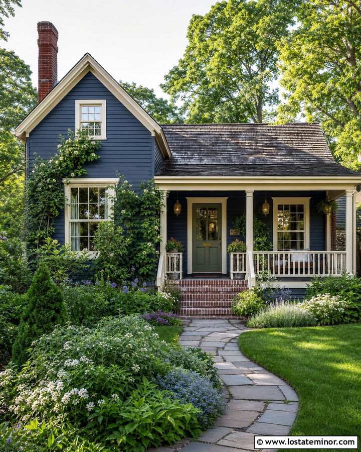 Navy Blue Cottage With Cream Porch Railings - 30 Navy Blue House Design With Railings Ideas
