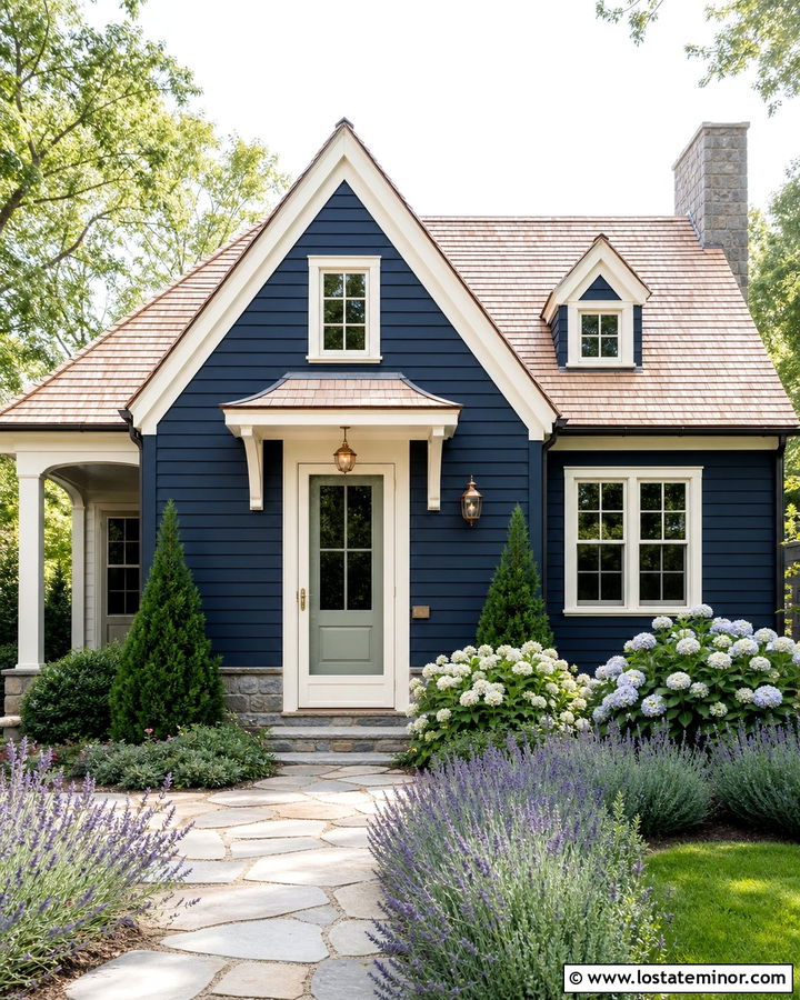 Navy Blue Cottage With Cream Storm Door - 30 Navy Blue House Design With Storm Door Ideas