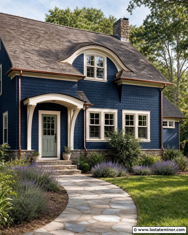 Navy Blue Cottage With Eyebrow Dormer - 30 Navy Blue House Design With Dormers Ideas