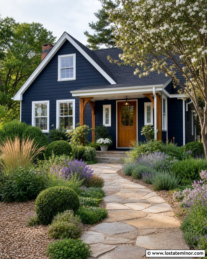 Navy Blue Cottage With Flagstone Path - 30 Navy Blue House Design With Front Yard Ideas