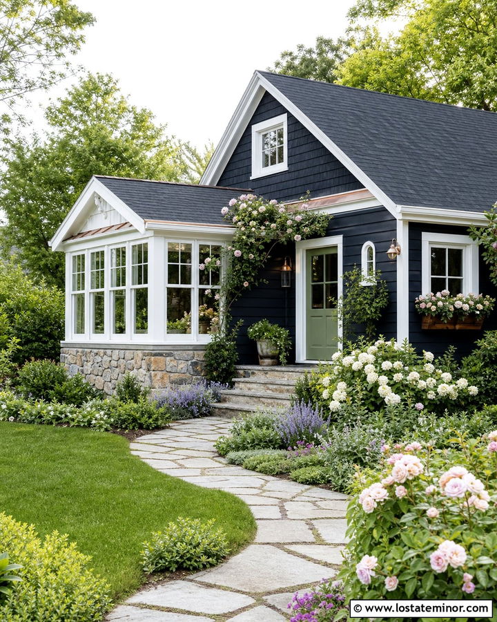 Navy Blue Cottage With Garden Sunroom - 30 Navy Blue House Design With Sunroom Ideas