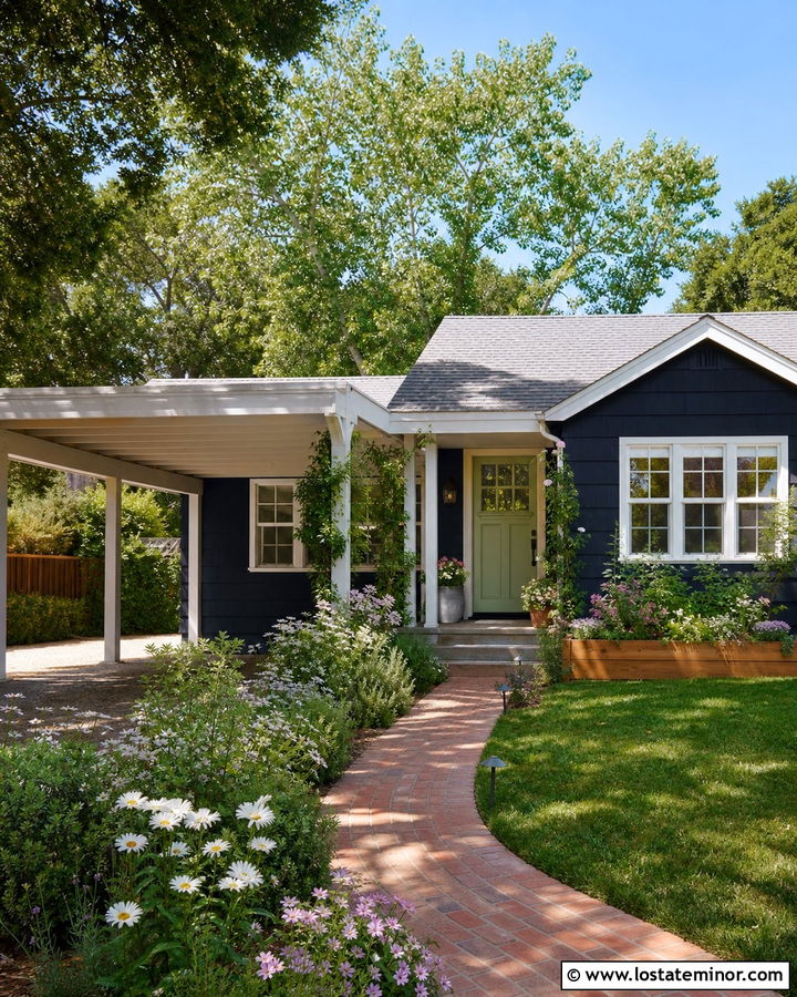 Navy Blue Cottage With Pergola Carport - 30 Navy Blue House Design With Carport Ideas