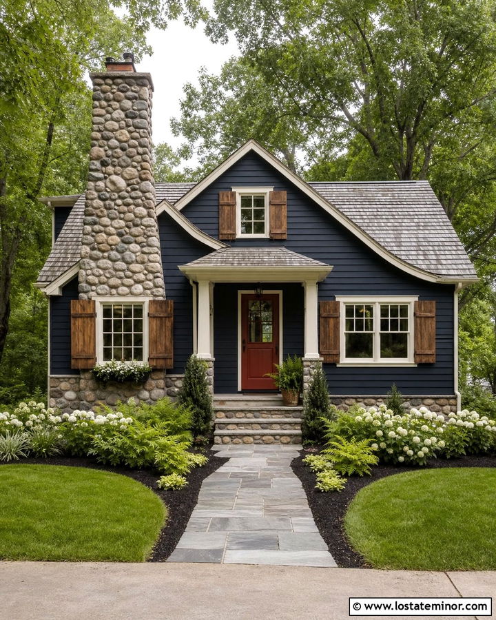 Navy Blue Cottage With River Rock Chimney - 30 Navy Blue House Design With Stone Accents Ideas