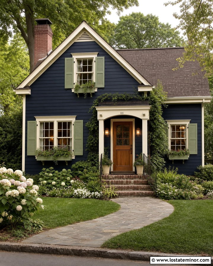Navy Blue Cottage With Sage Green Shutters - 30 Navy Blue House Design With Shutters Ideas