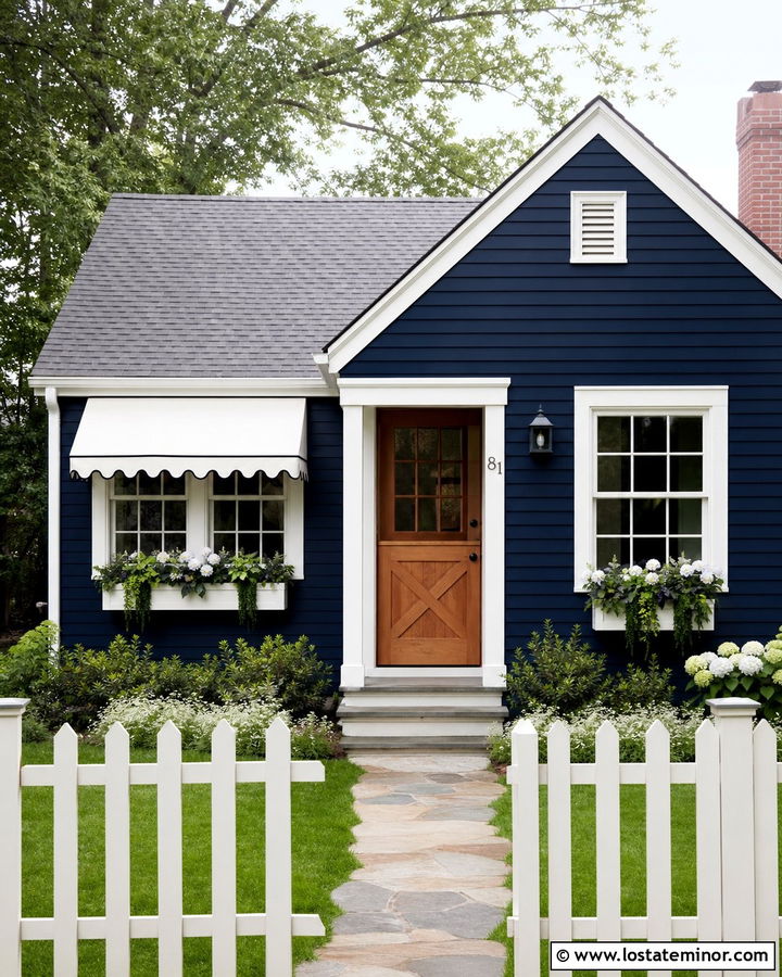 Navy Blue Cottage With Scalloped Awning - 30 Navy Blue House Design With Awning Ideas