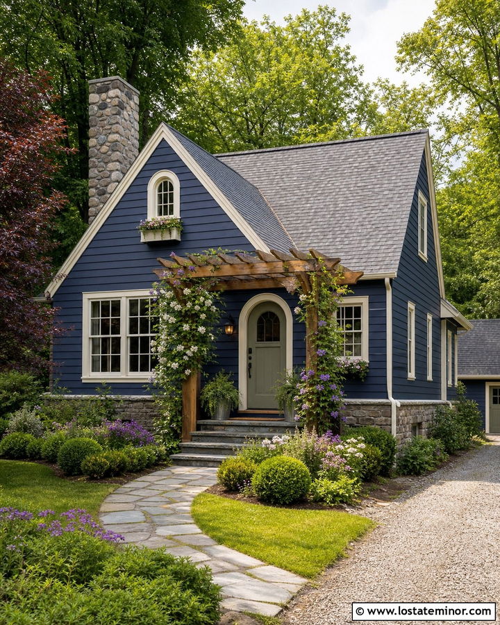 Navy Blue Cottage With Vine Covered Pergola - 30 Navy Blue House Design With Pergola Ideas