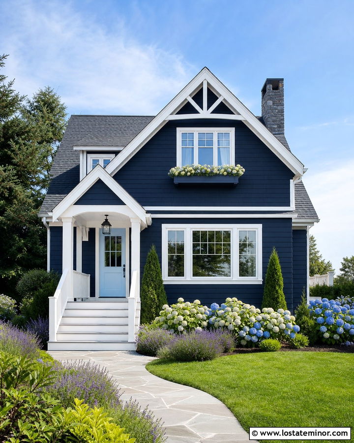 Navy Blue Cottage With White Wood Steps - 30 Navy Blue House Design With Steps Ideas