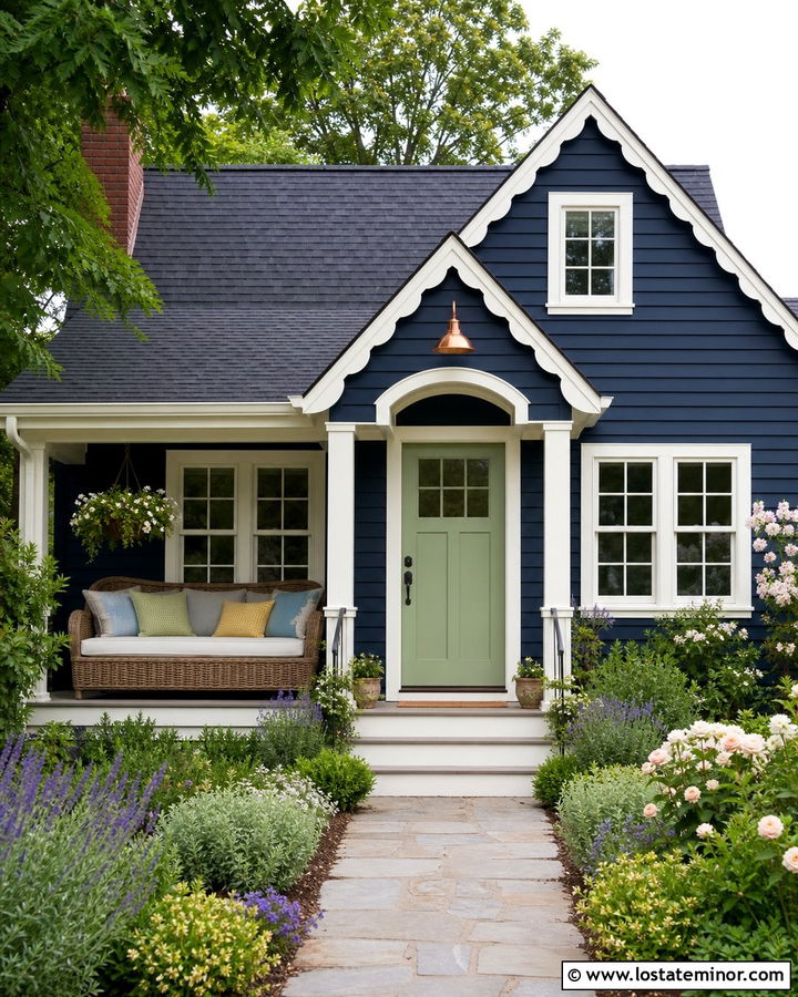 Navy Blue Cottage With Wicker Porch Daybed - 30 Navy Blue House Design With Daybed Ideas