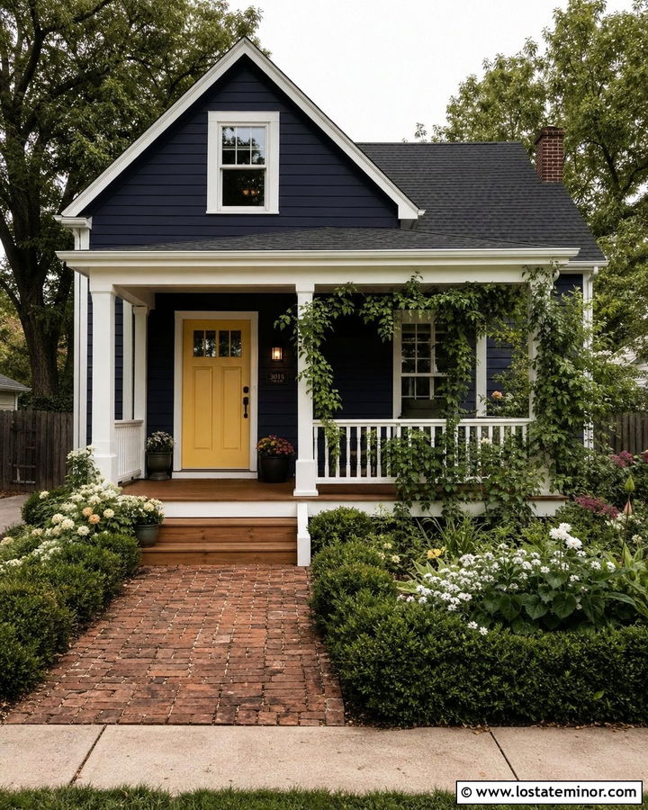 Navy Blue Cottage With Yellow Door - 30 Navy Blue House Design With Front Porch Ideas