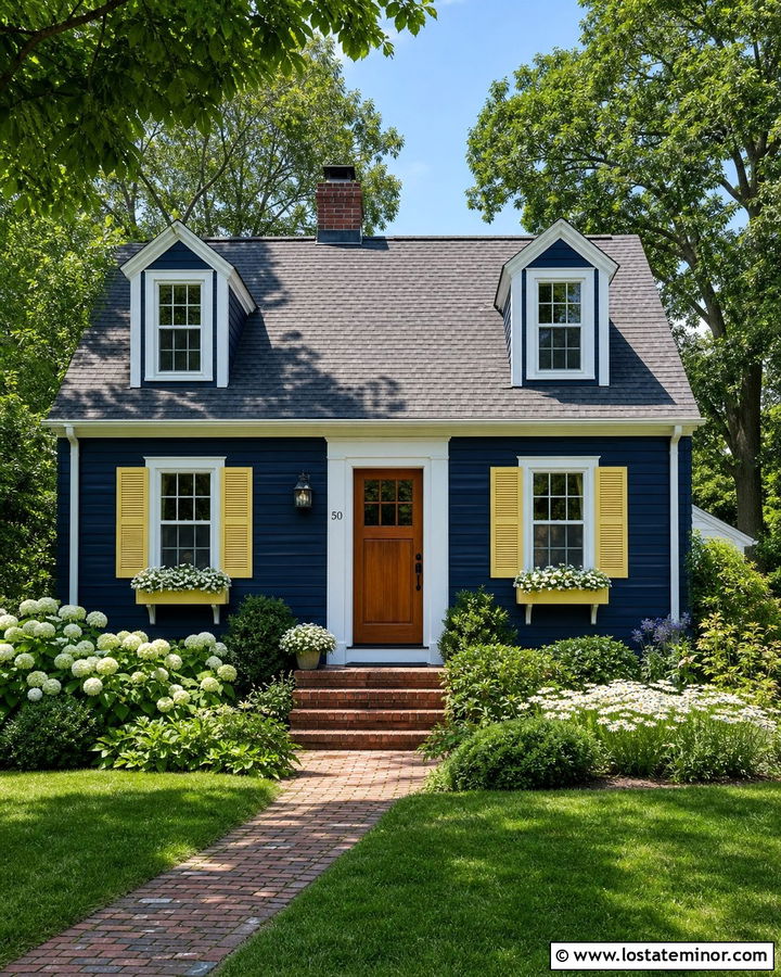 Navy Blue Cottage With Yellow Shutters - 30 Navy Blue House Design With Shutters Ideas