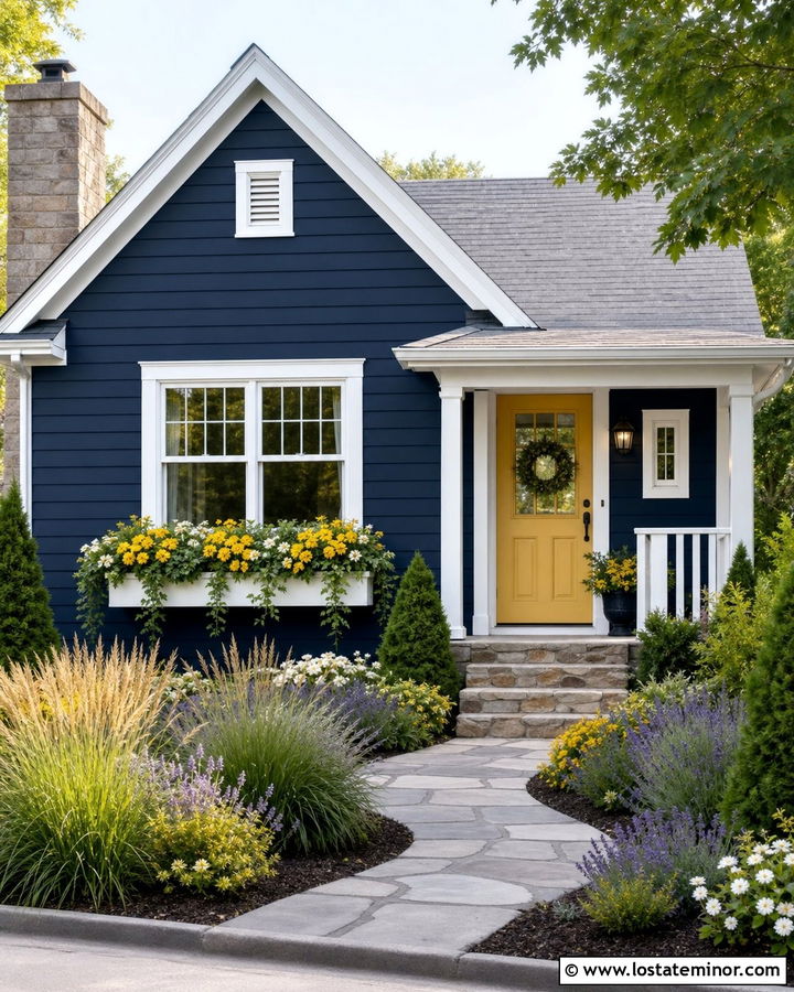 Navy Blue Cottage With Yellow Window Box Flowers - 30 Navy Blue House Design With Window Boxes Ideas