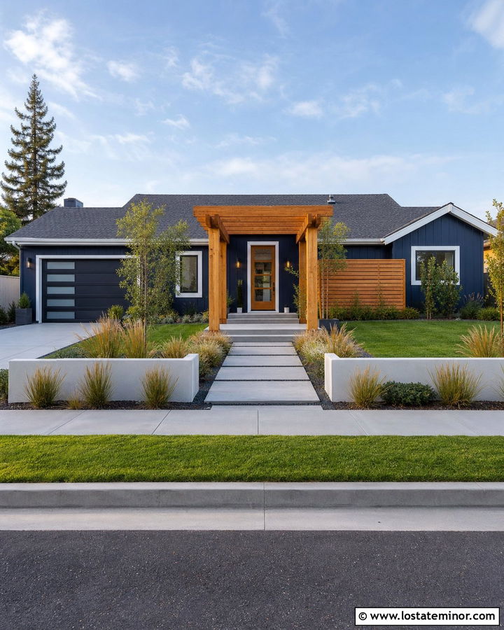 Navy Blue Courtyard House With Freestanding Pergola - 30 Navy Blue House Design With Pergola Ideas