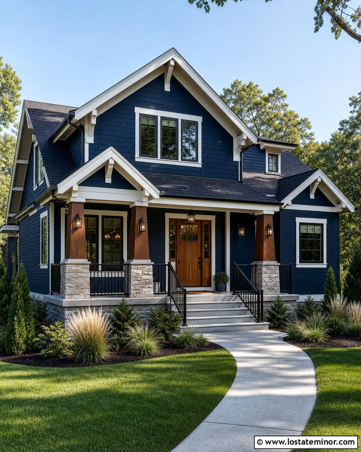 Navy Blue Craftsman House With Black Metal Railings - 30 Navy Blue House Design With Railings Ideas
