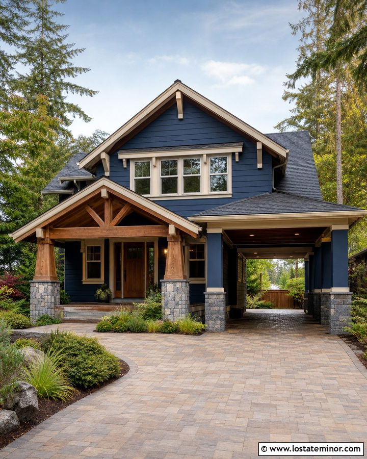 Navy Blue Craftsman House With Cedar Carport - 30 Navy Blue House Design With Carport Ideas