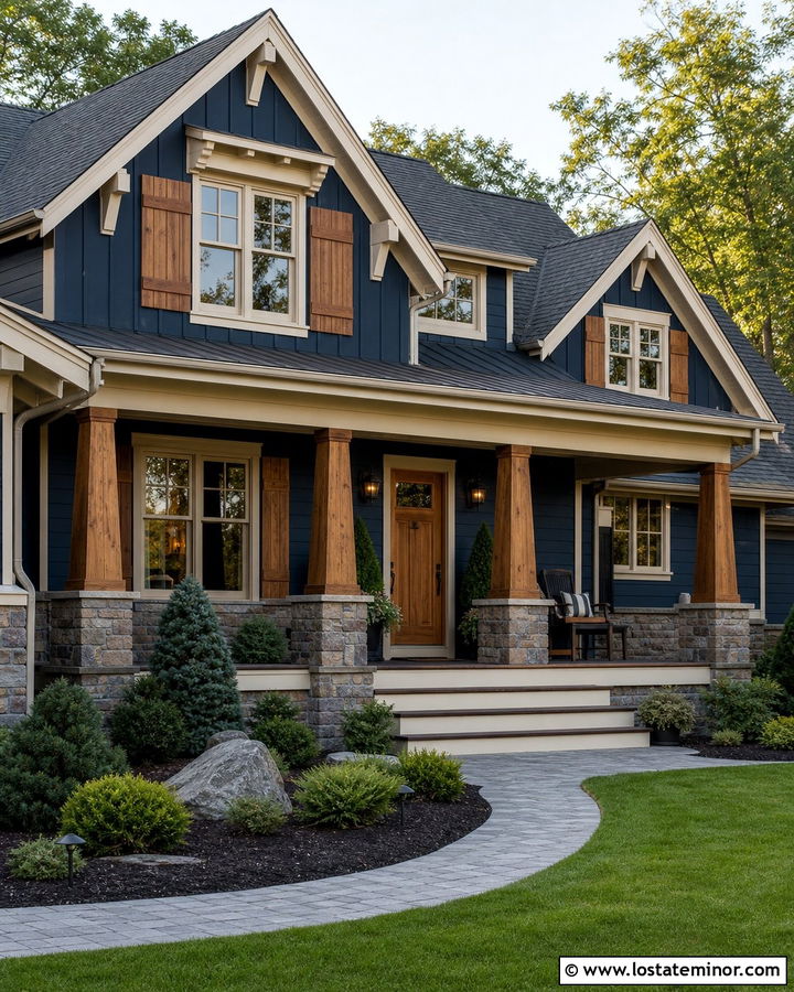 Navy Blue Craftsman House With Cedar Shutters - 30 Navy Blue House Design With Shutters Ideas