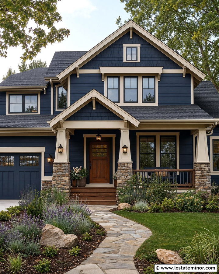 Navy Blue Craftsman House With Stone Columns - 30 Navy Blue House Design With Accents Ideas