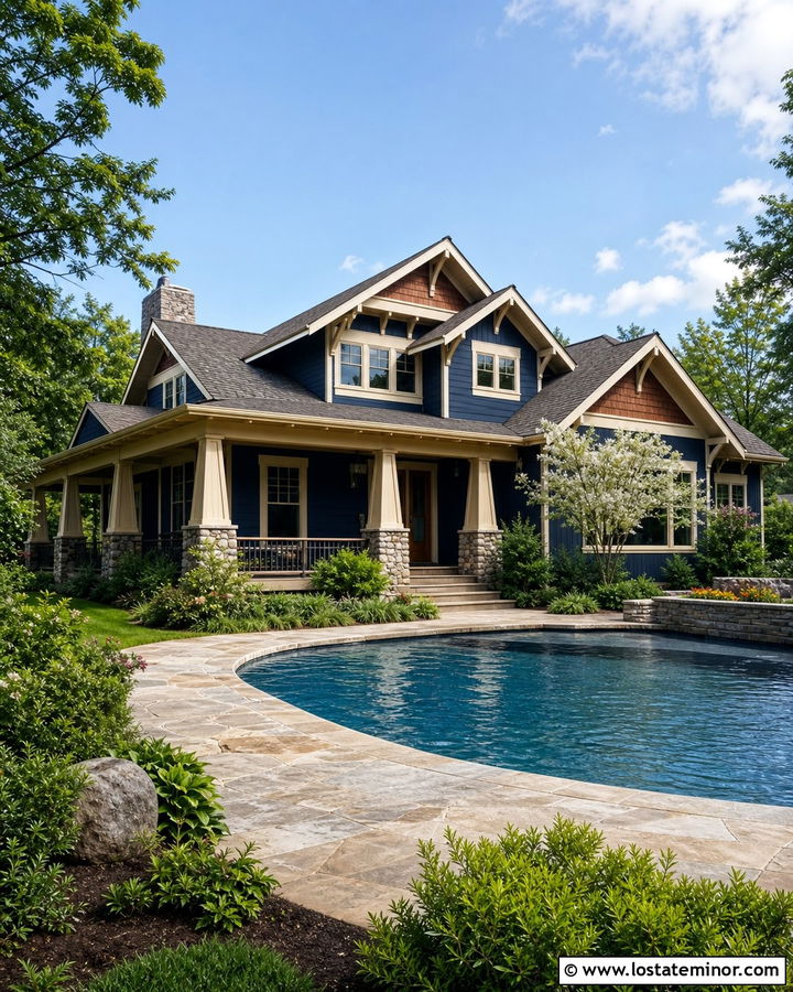 Navy Blue Craftsman House With Stone Pool Deck - 30 Navy Blue House Design With Swimming Pool Ideas