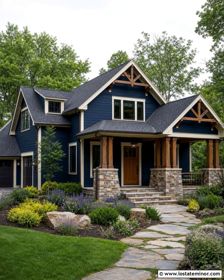 Navy Blue Craftsman House With Timber Gables - 30 Navy Blue House Design With Gables Ideas