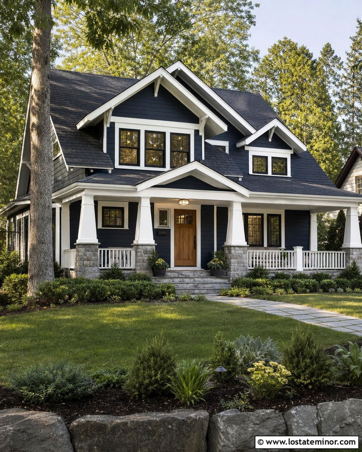 Navy Blue Craftsman House With White Porch Columns - 30 Navy Blue House Design With Porch Columns Ideas