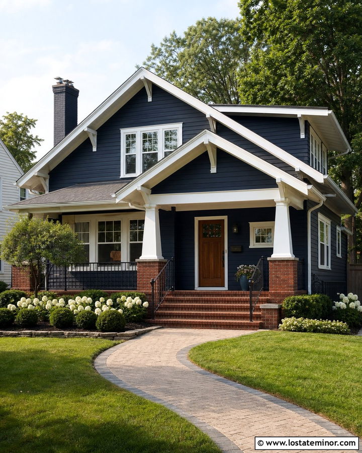 Navy Blue Craftsman With Brick Steps - 30 Navy Blue House Design With Steps Ideas