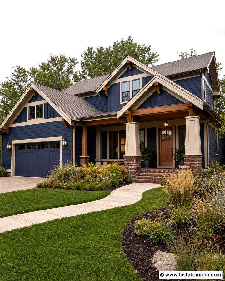 Navy Blue Craftsman With Brown Brick - 30 Navy Blue House Design With Brick Accents Ideas