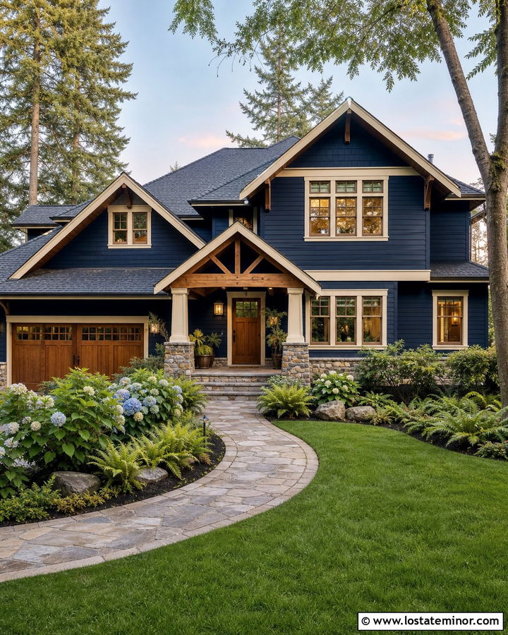 Navy Blue Craftsman With Cedar Awning - 30 Navy Blue House Design With Awning Ideas