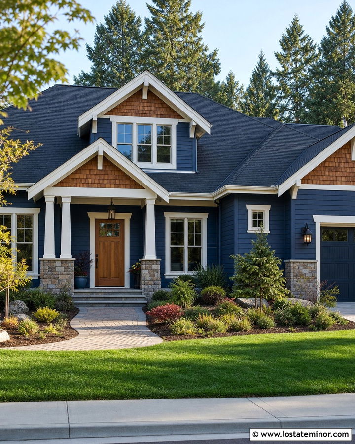Navy Blue Craftsman With Cedar Shake Gables - 30 Navy Blue House Design With Cedar Shake Ideas