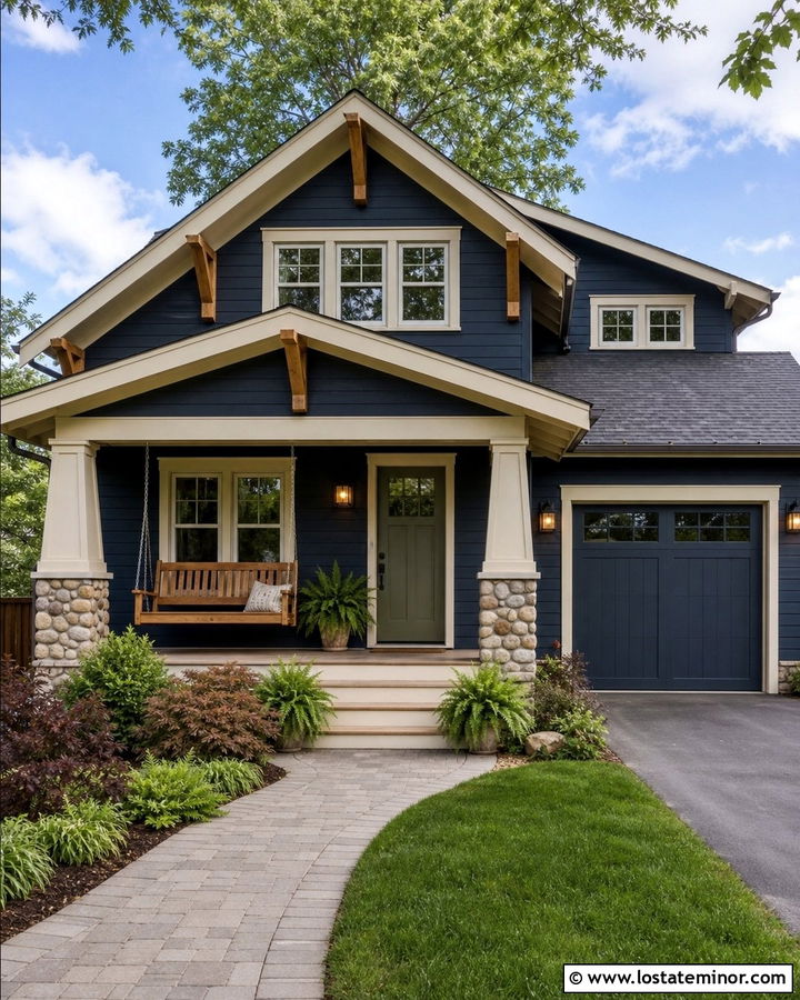 Navy Blue Craftsman With Cedar Swing - 30 Navy Blue House Design With Swing Ideas
