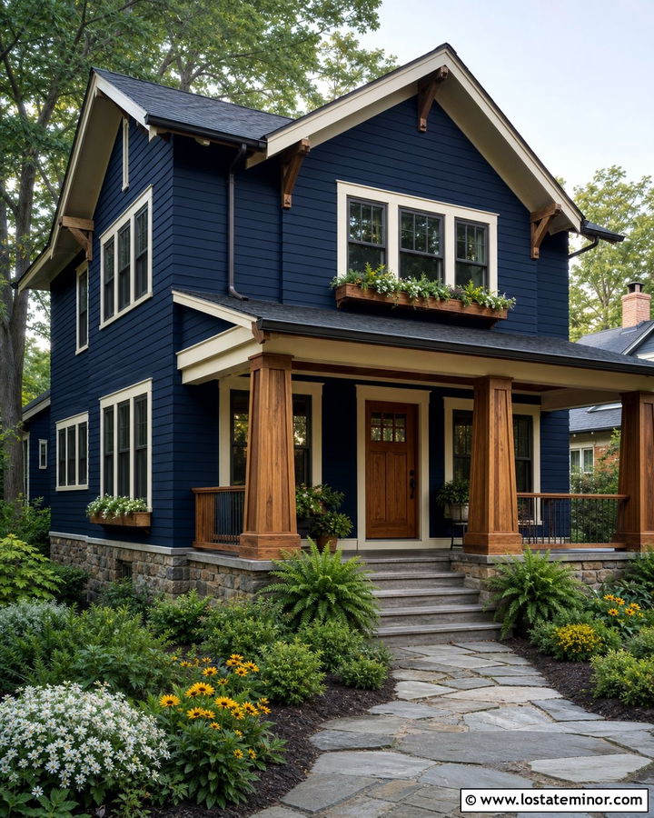 Navy Blue Craftsman With Cedar Window Boxes - 30 Navy Blue House Design With Window Boxes Ideas
