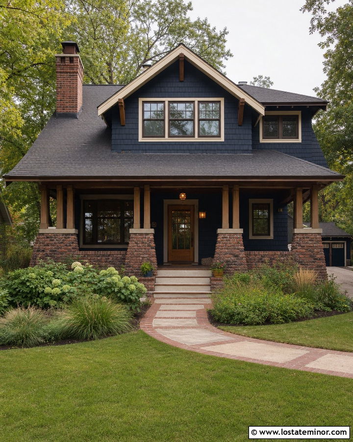 Navy Blue Craftsman With Clinker Brick - 30 Navy Blue House Design With Brick Accents Ideas