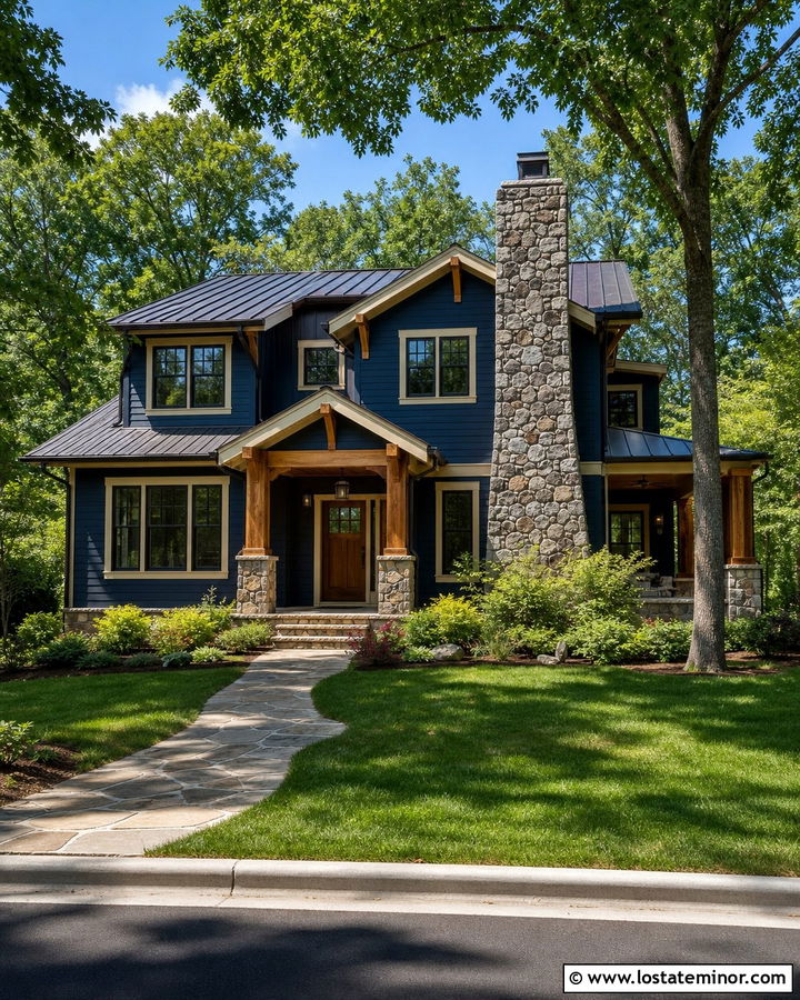 Navy Blue Craftsman With Fieldstone Chimney - 30 Navy Blue House Design With Chimney Ideas