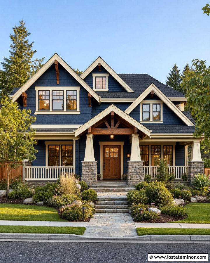 Navy Blue Craftsman With Gabled Dormers - 30 Navy Blue House Design With Dormers Ideas